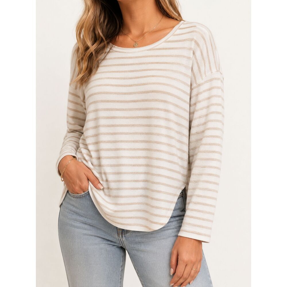 Banana Republic Striped Knit Top Small Beige White Long Sleeve Soft‎ Stretch Tee